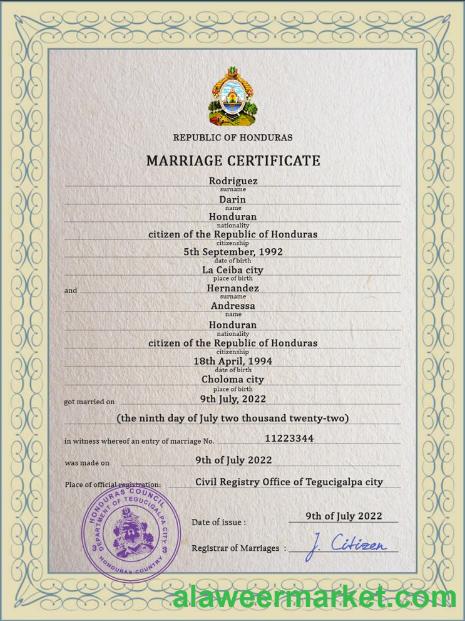 Honduras marriage certificate PSD template
